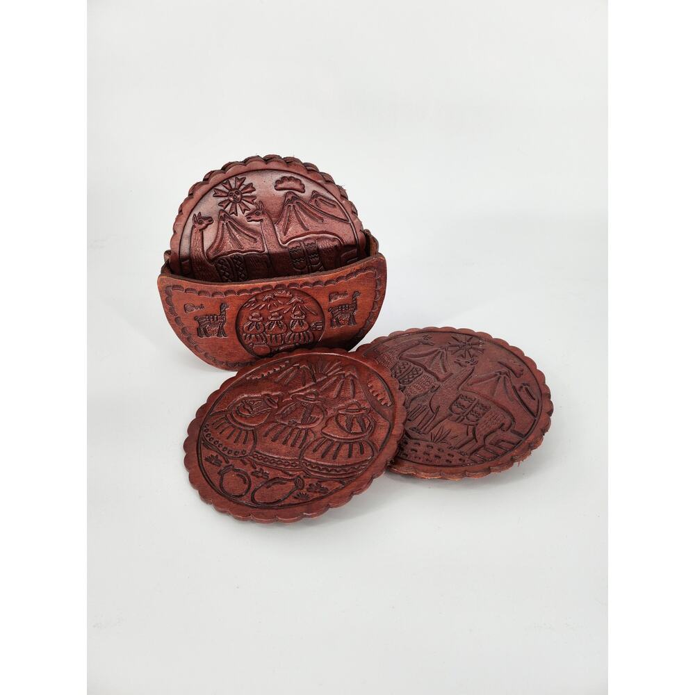 Genuine Peruvian Tooled Leather Coaster Set with Holder - Picture 8 of 12